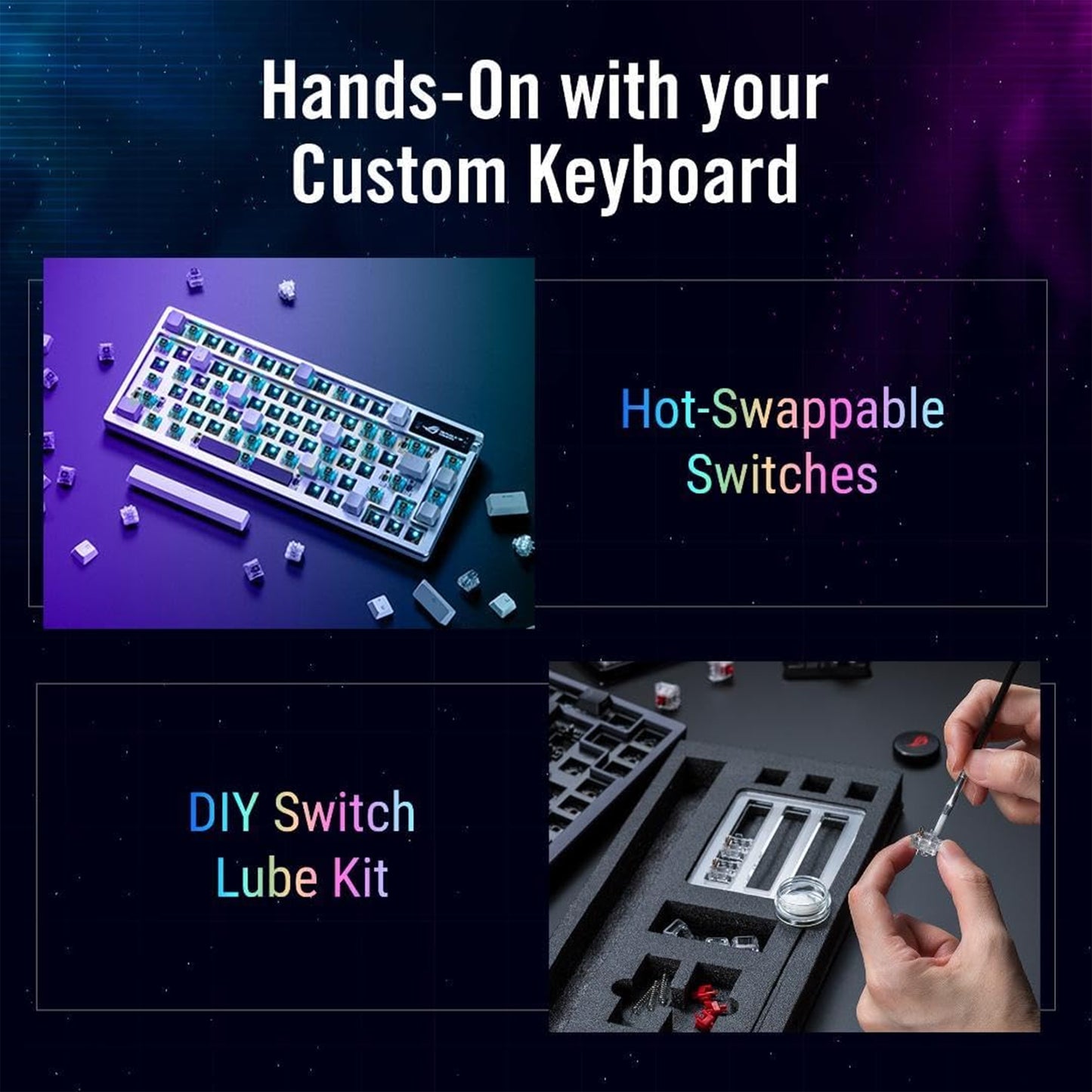 لوحة مفاتيح الألعاب ASUS ROG Azoth 75 اللاسلكية المخصصة DIY، وشاشة OLED، وحامل حشية، وتخميد ثلاثي الطبقات، ومفاتيح ROG NX بنية مسبقة التشحيم وقابلة للتبديل السريع ومثبتات لوحة المفاتيح، وأغطية مفاتيح PBT، RGB - أبيض 