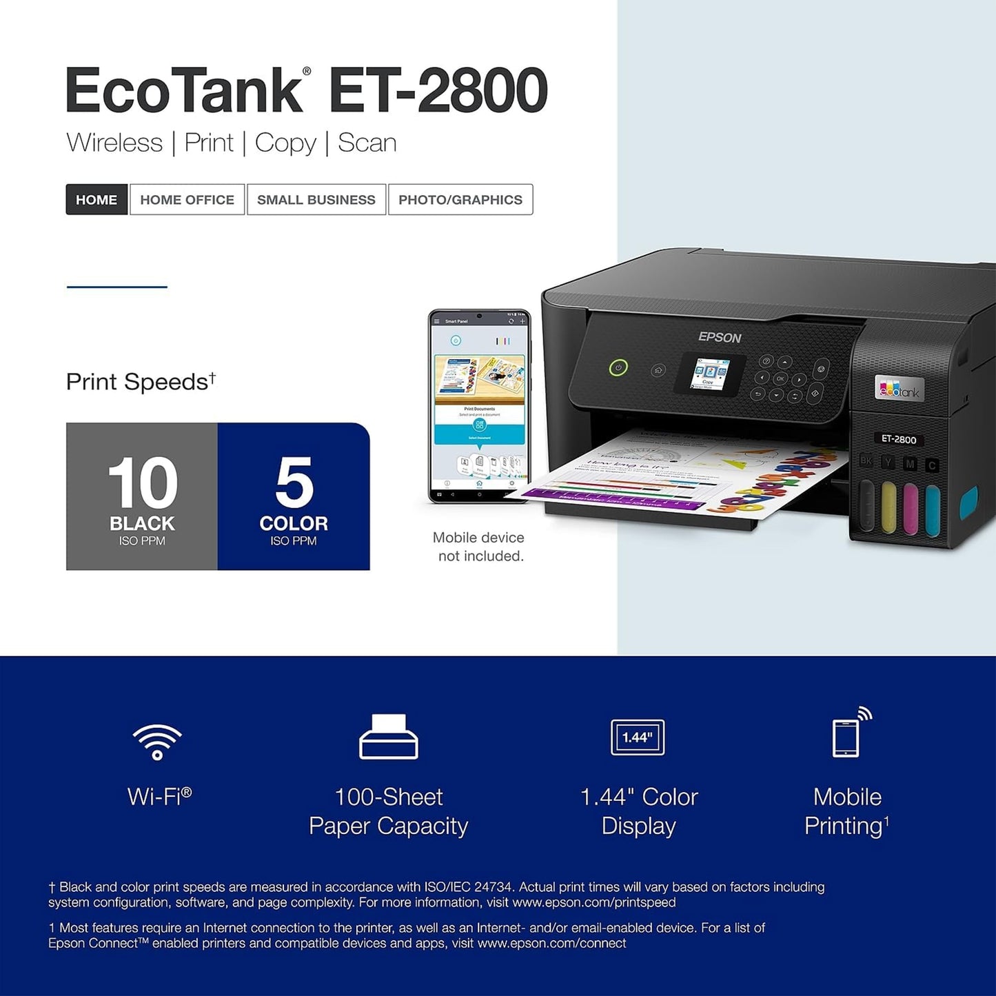 طابعة Epson EcoTank ET-2800 اللاسلكية الملونة الكل في واحد Supertank الخالية من الخراطيش مع المسح الضوئي والنسخ - الطابعة المنزلية الأساسية المثالية - أسود، متوسط 
