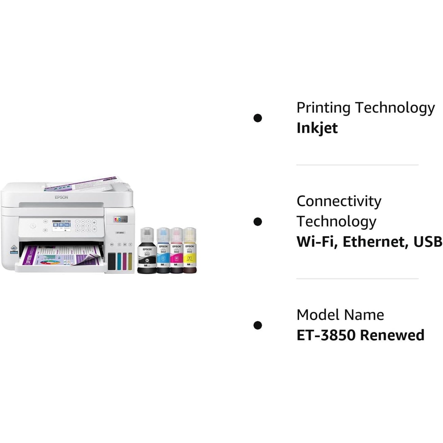 Epson EcoTank ET-3850 Wireless Color All-in-One Cartridge-Free Supertank Printer with Scanner, Copier, ADF and Ethernet – White (Renewed)