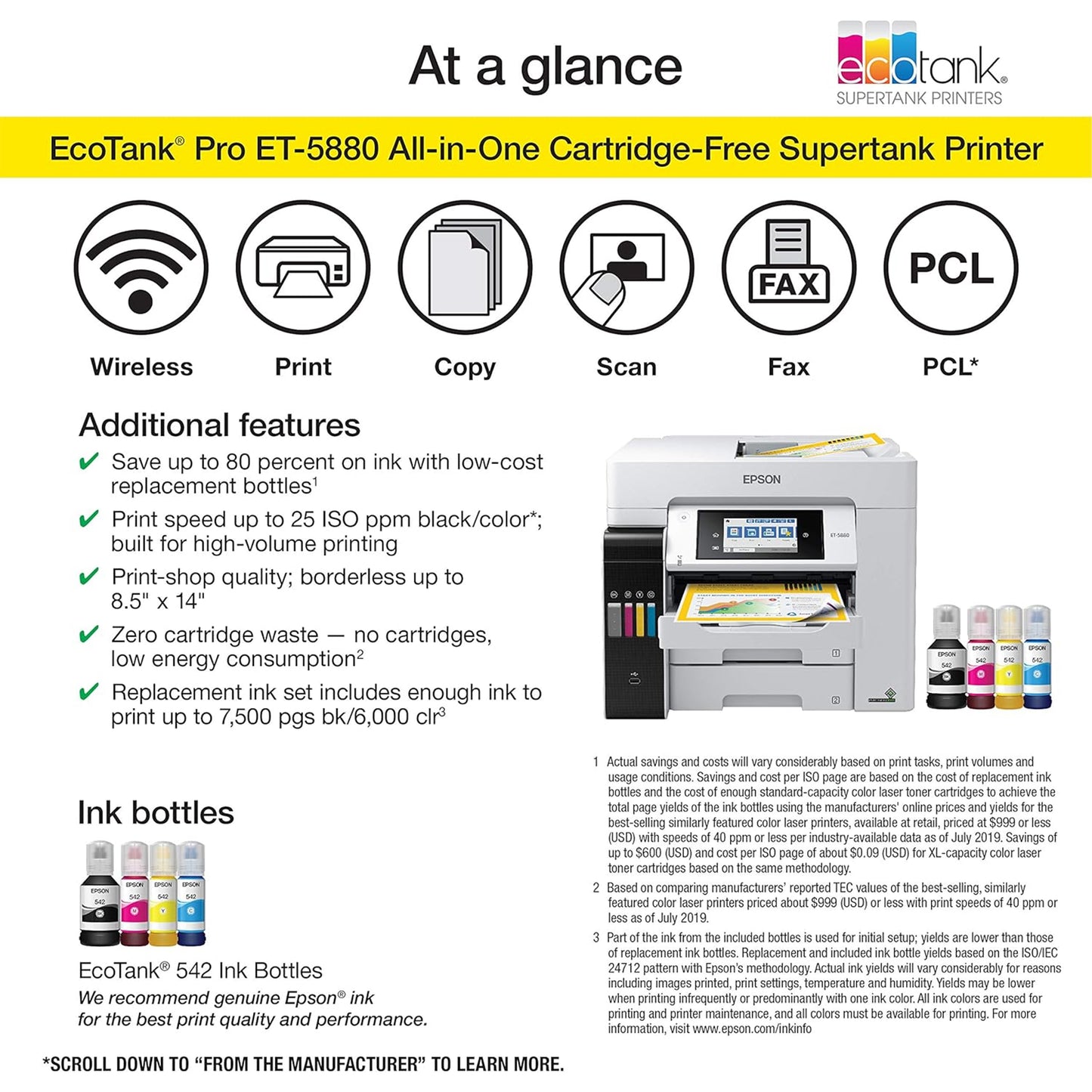 Epson EcoTank Pro ET-5880 Wireless Color All-in-One Supertank Printer with Scanner, Copier, Fax, Ethernet and PCL/Postscript, White