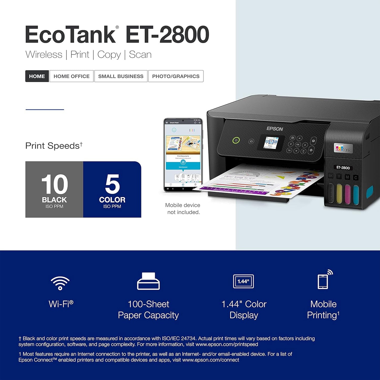 طابعة Epson EcoTank ET-2800 اللاسلكية الملونة الكل في واحد Supertank الخالية من الخرطوشة مع المسح الضوئي والنسخ. ضمان محدود كامل لمدة عام واحد - باللون الأسود (القسط المتجدد)