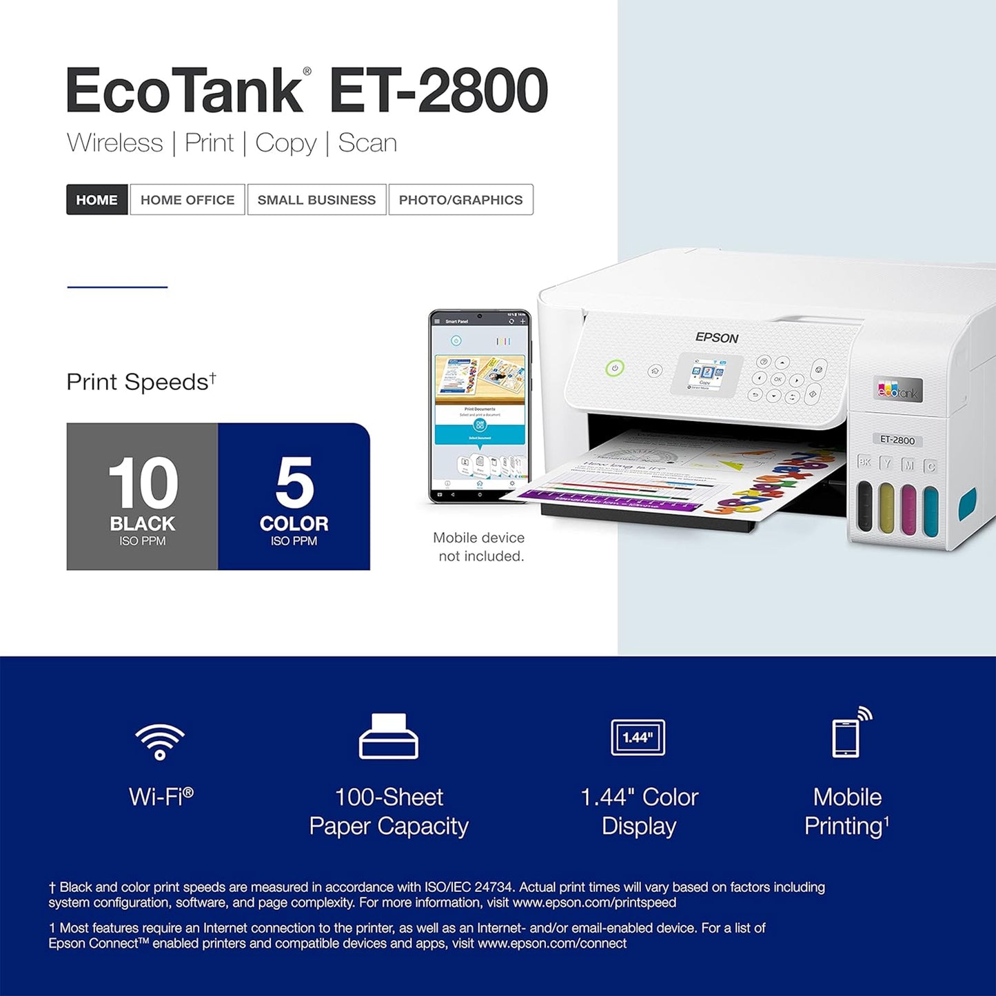 طابعة Epson EcoTank ET-2800 اللاسلكية الملونة الكل في واحد Supertank الخالية من الخراطيش مع المسح الضوئي والنسخ - الطابعة المنزلية الأساسية المثالية - أبيض، متوسط 