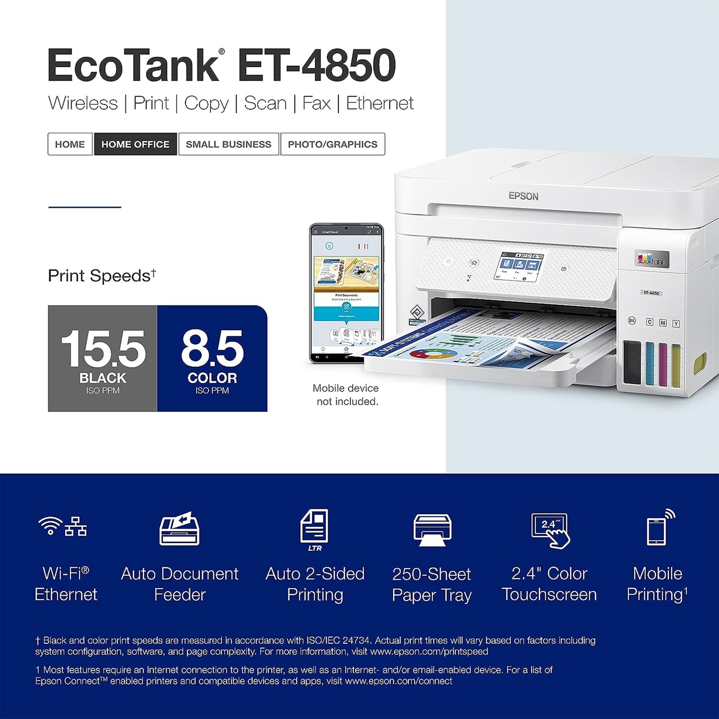 طابعة Epson EcoTank ET-4850 Supertank اللاسلكية الكل في واحد خالية من الخرطوشة مع ماسح ضوئي وناسخة وفاكس ووحدة تغذية المستندات التلقائية وإيثرنت - مكتب الطابعة المثالي - أبيض، متوسط 