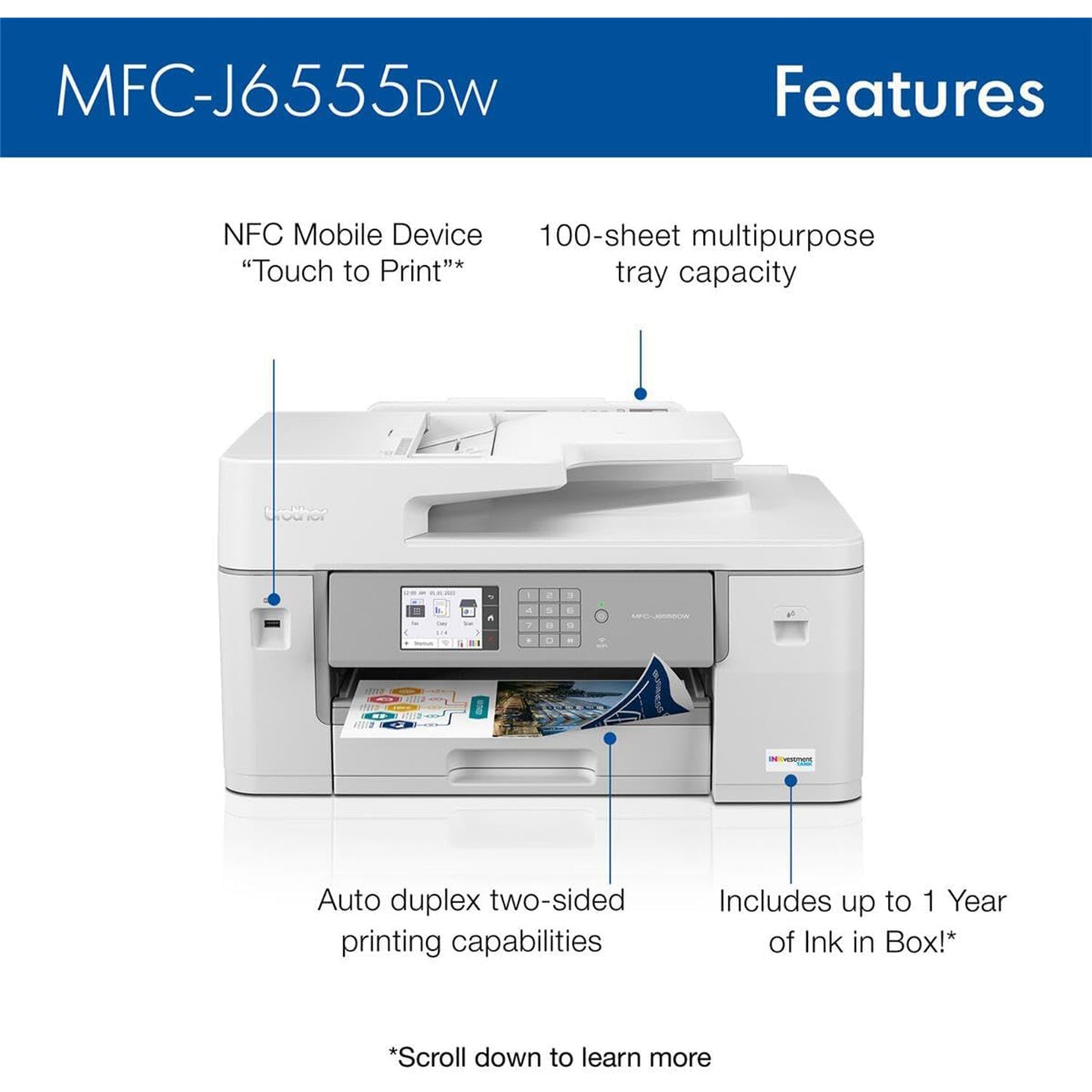 Brother MFC-J6555DW INKvestment Tank Color Inkjet All-in-One Printer with up to 1 Year of Ink in-box1 and 11” x 17” Print, Copy, scan, and fax Capabilities