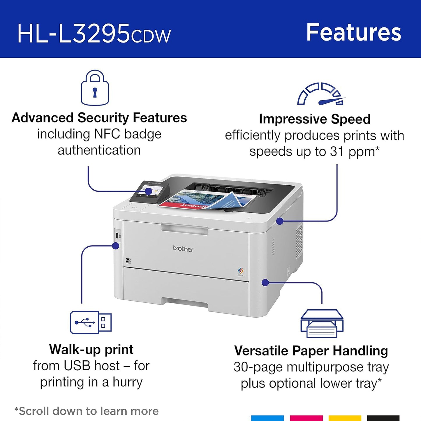 طابعة ألوان رقمية مدمجة لاسلكية من Brother HL-L3295CDW مع مخرجات بجودة الليزر، دوبلكس، NFC، الهاتف المحمول والإيثرنت 