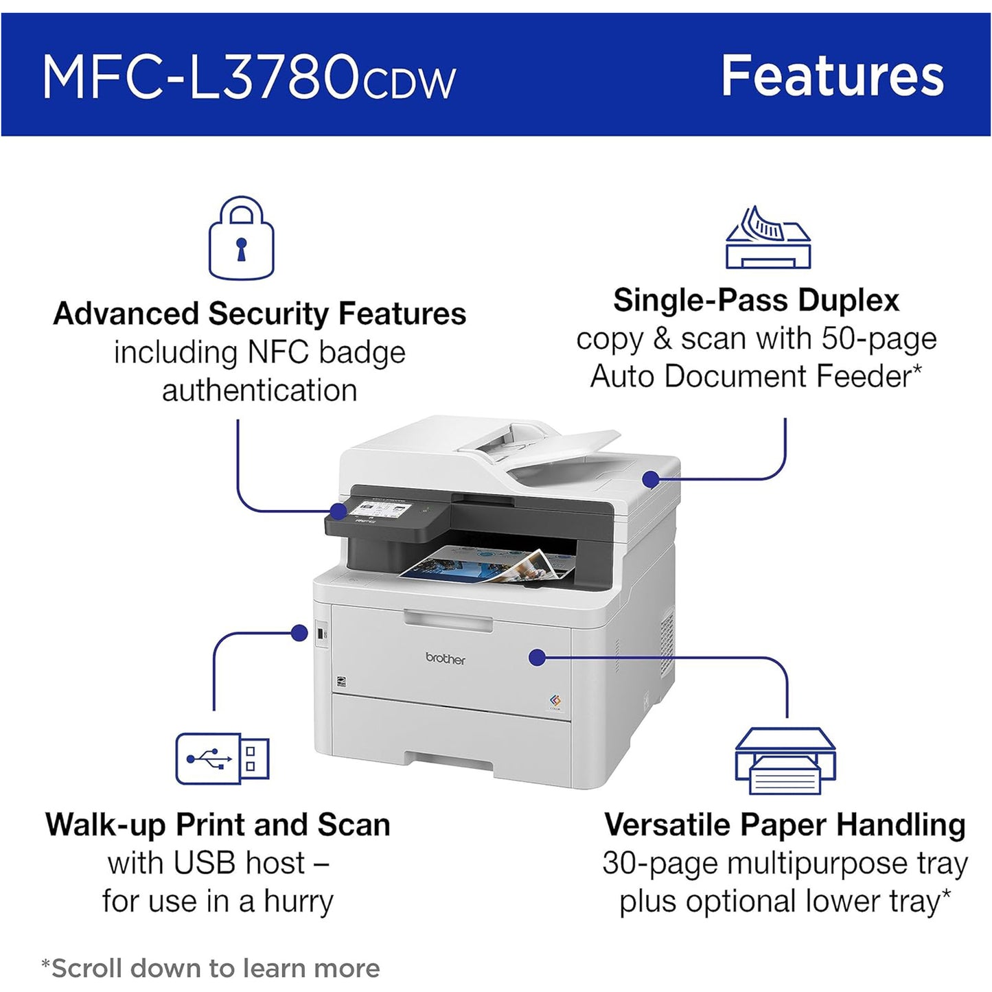 طابعة Brother MFC-L3780CDW لاسلكية رقمية ملونة الكل في واحد مع مخرج بجودة الليزر، تمرير واحد للنسخ والمسح الضوئي على الوجهين