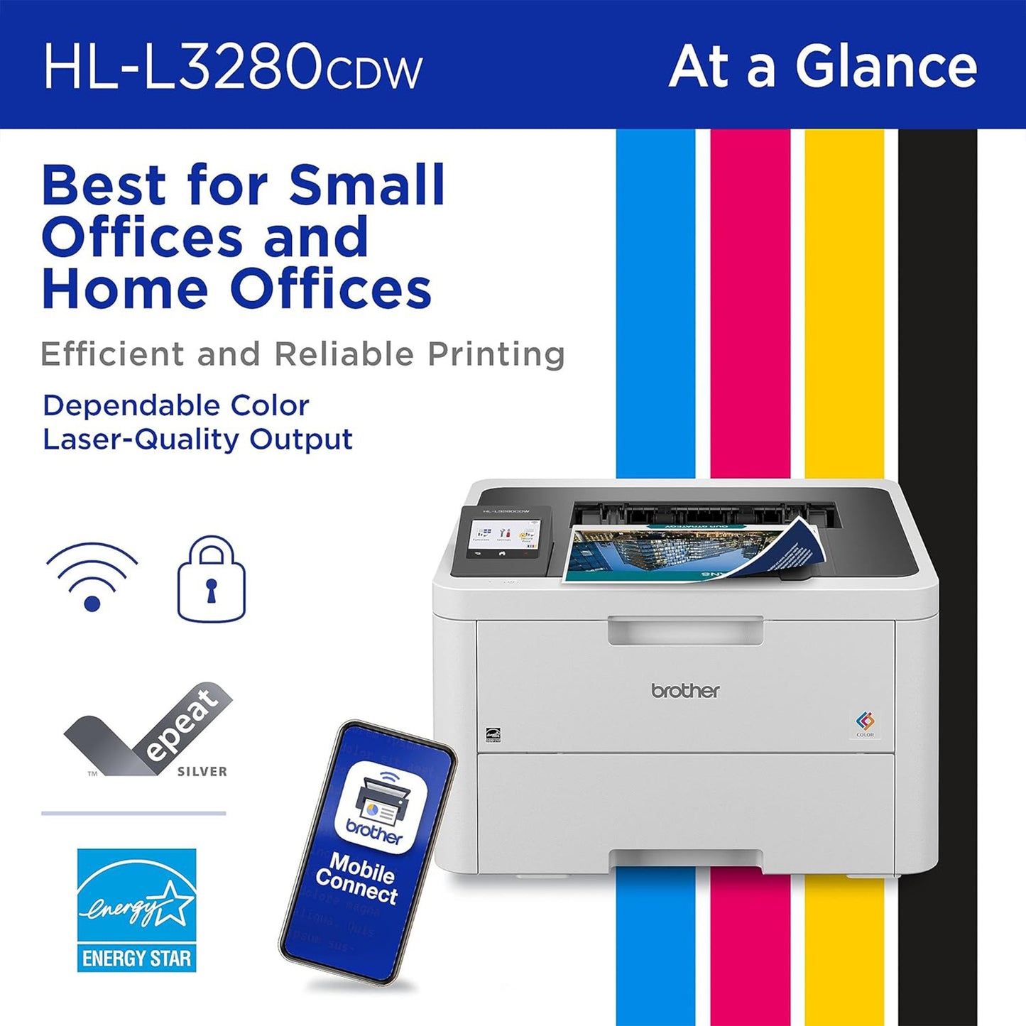 طابعة ألوان رقمية مدمجة لاسلكية من Brother HL-L3280CDW مع مخرجات بجودة الليزر، دوبلكس، طباعة متنقلة وإيثرنت 