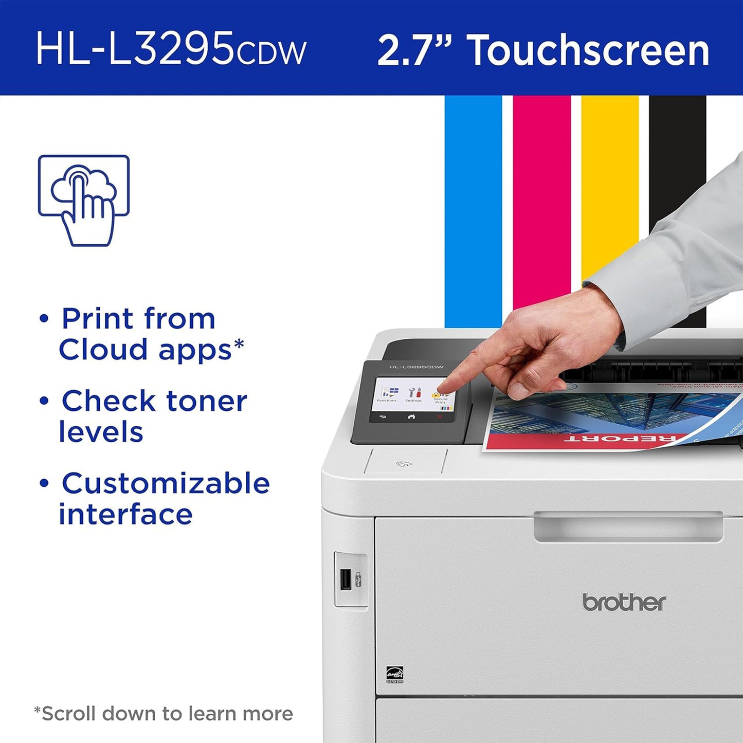 طابعة ألوان رقمية مدمجة لاسلكية من Brother HL-L3295CDW مع مخرجات بجودة الليزر، دوبلكس، NFC، الهاتف المحمول والإيثرنت 