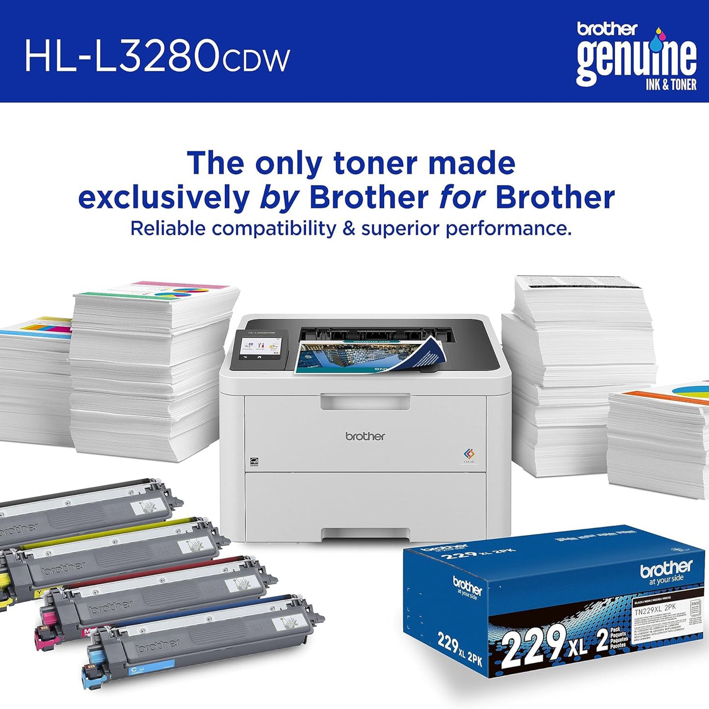 طابعة ألوان رقمية مدمجة لاسلكية من Brother HL-L3280CDW مع مخرجات بجودة الليزر، دوبلكس، طباعة متنقلة وإيثرنت 