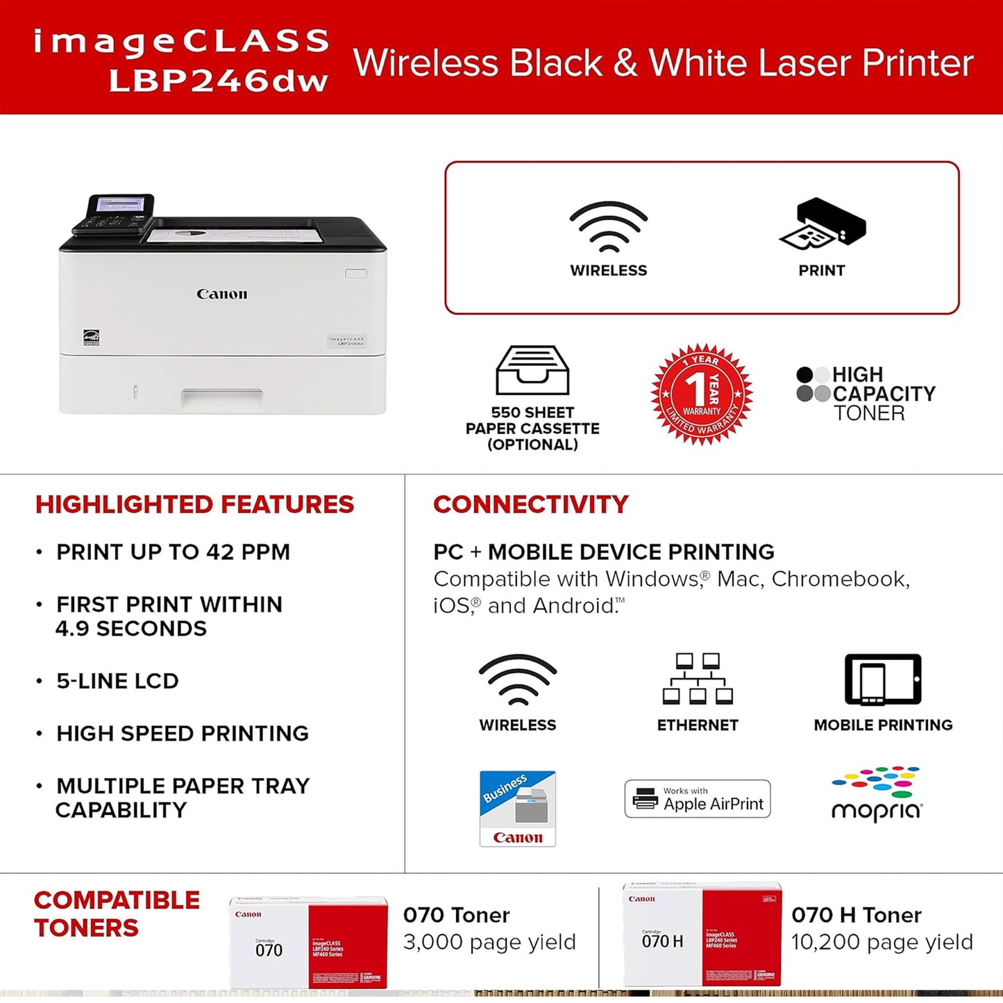 imageCLASS LBP246dw - Wireless, Duplex Laser Printer
