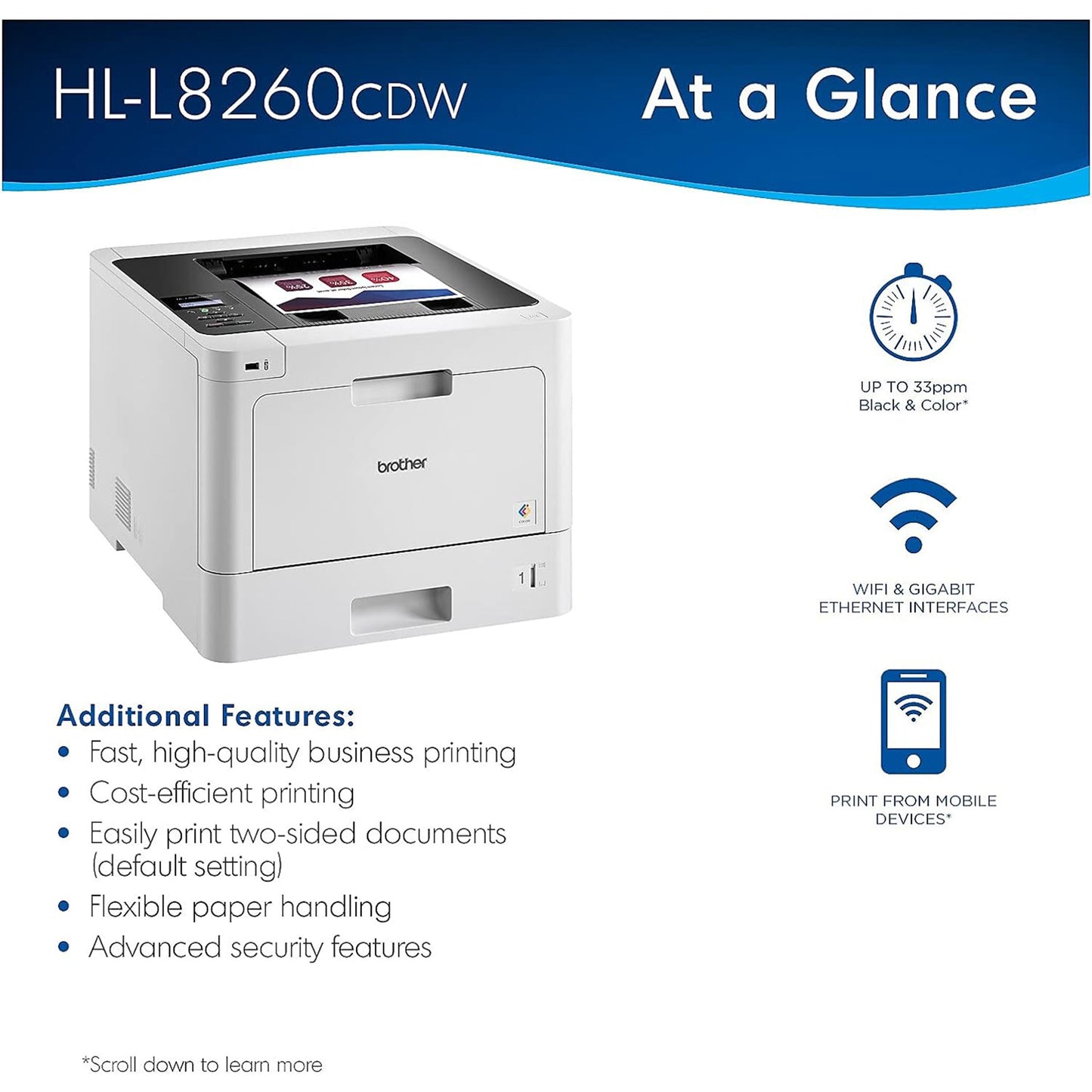 Brother HL-L8260CDW Business Color Laser Printer, Duplex Printing, Flexible Wireless Networking, Mobile Device Printing