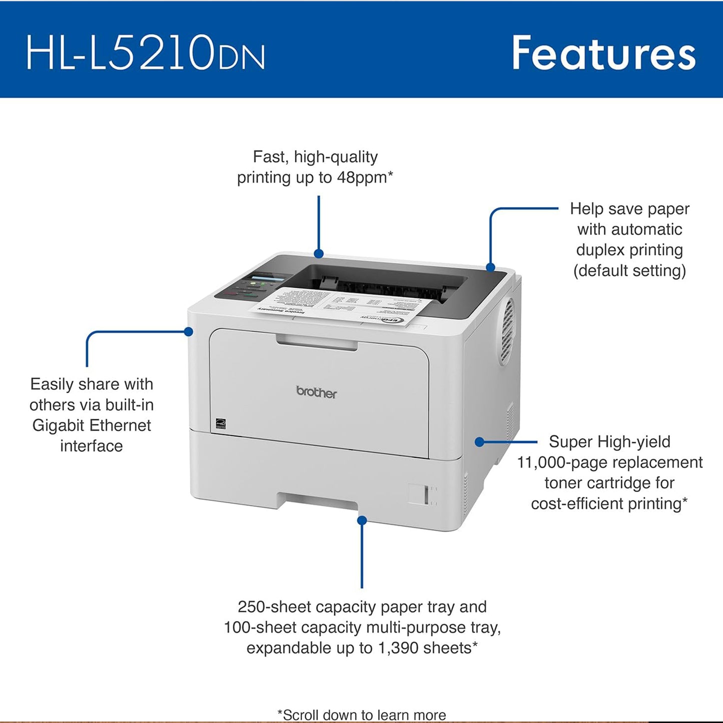 طابعة ليزر Brother HL-L5210DN Business أحادية اللون مع طباعة مزدوجة، ومعالجة ورق متعددة الاستخدامات، وطباعة متنقلة، وشبكة جيجابت إيثرنت 