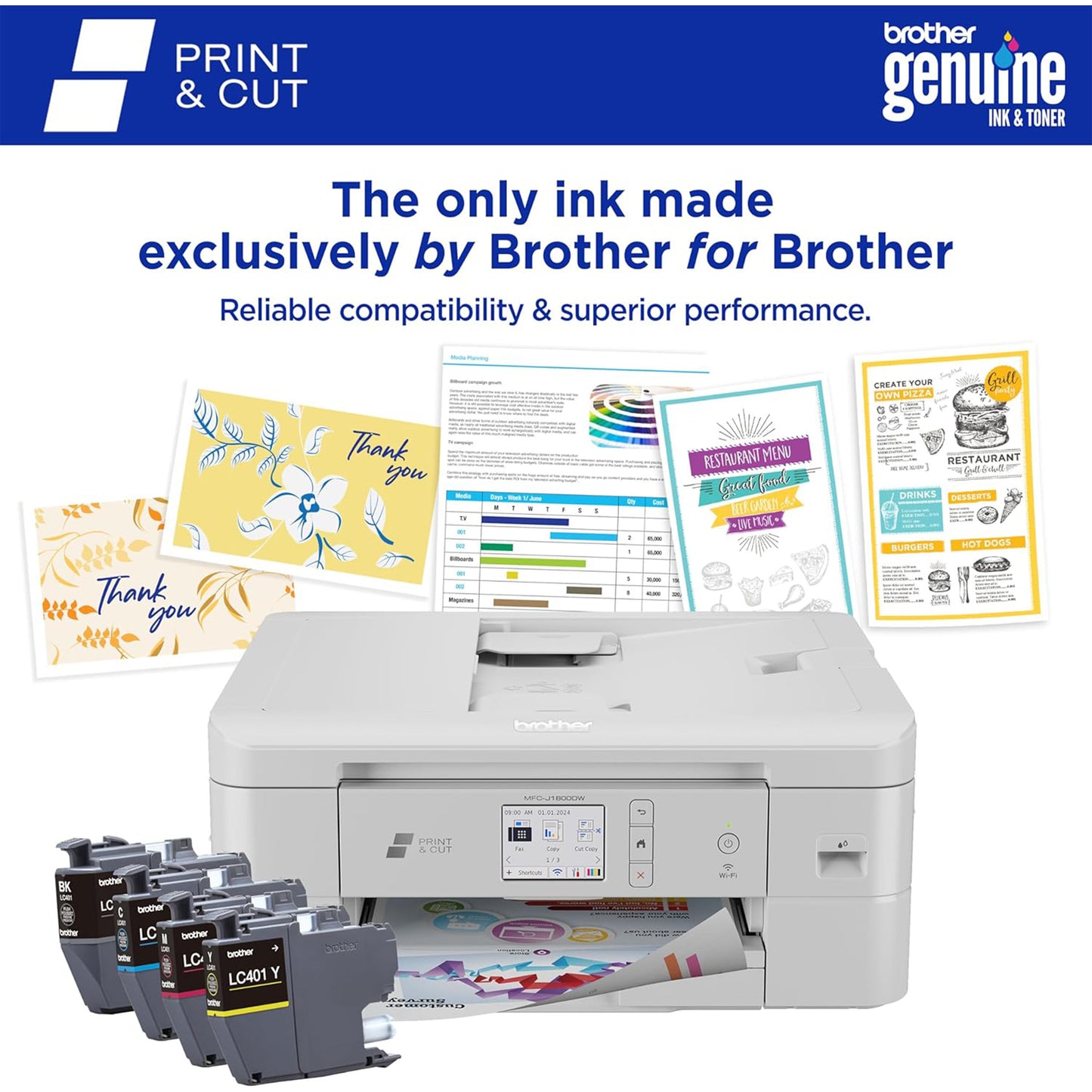 طابعة Brother Print &amp; Cut MFC-J1800DW اللاسلكية الملونة الكل في واحد النافثة للحبر مع قاطعة الورق الأوتوماتيكية