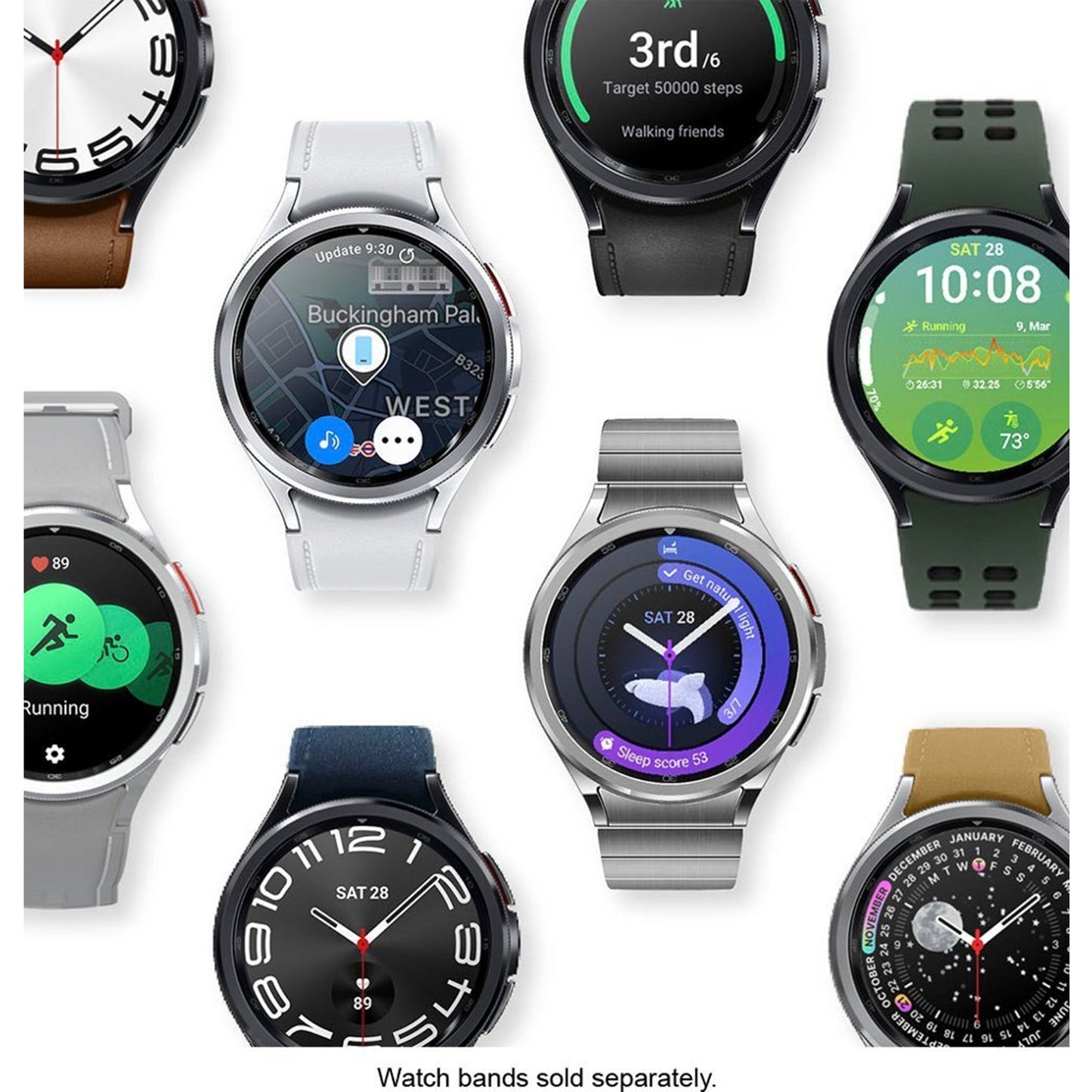 سامسونج - ساعة BESPOKE Galaxy Watch6 الكلاسيكية المصنوعة من الستانلس ستيل مقاس 47 ملم BT مع مشبك على شكل حرف D وسوار من الجلد البيئي الهجين (M/L) - فضي 
