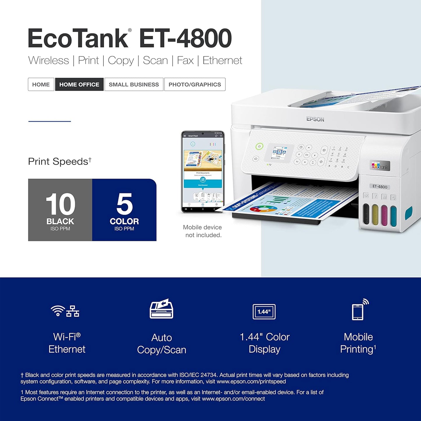 طابعة Epson EcoTank ET-4800 اللاسلكية الكل في واحد Supertank خالية من خرطوشة مع ماسح ضوئي وناسخة وفاكس ووحدة تغذية المستندات التلقائية وإيثرنت. ضمان محدود لمدة عام كامل (قسط متجدد)، أبيض