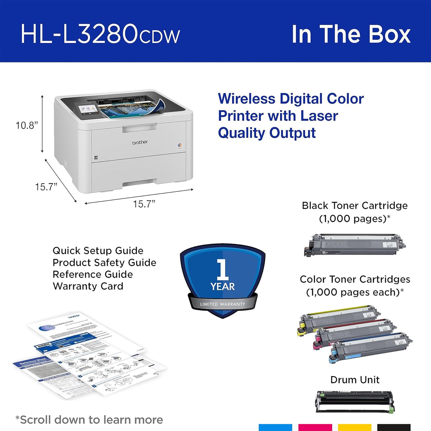 طابعة ألوان رقمية مدمجة لاسلكية من Brother HL-L3280CDW مع مخرجات بجودة الليزر، دوبلكس، طباعة متنقلة وإيثرنت 