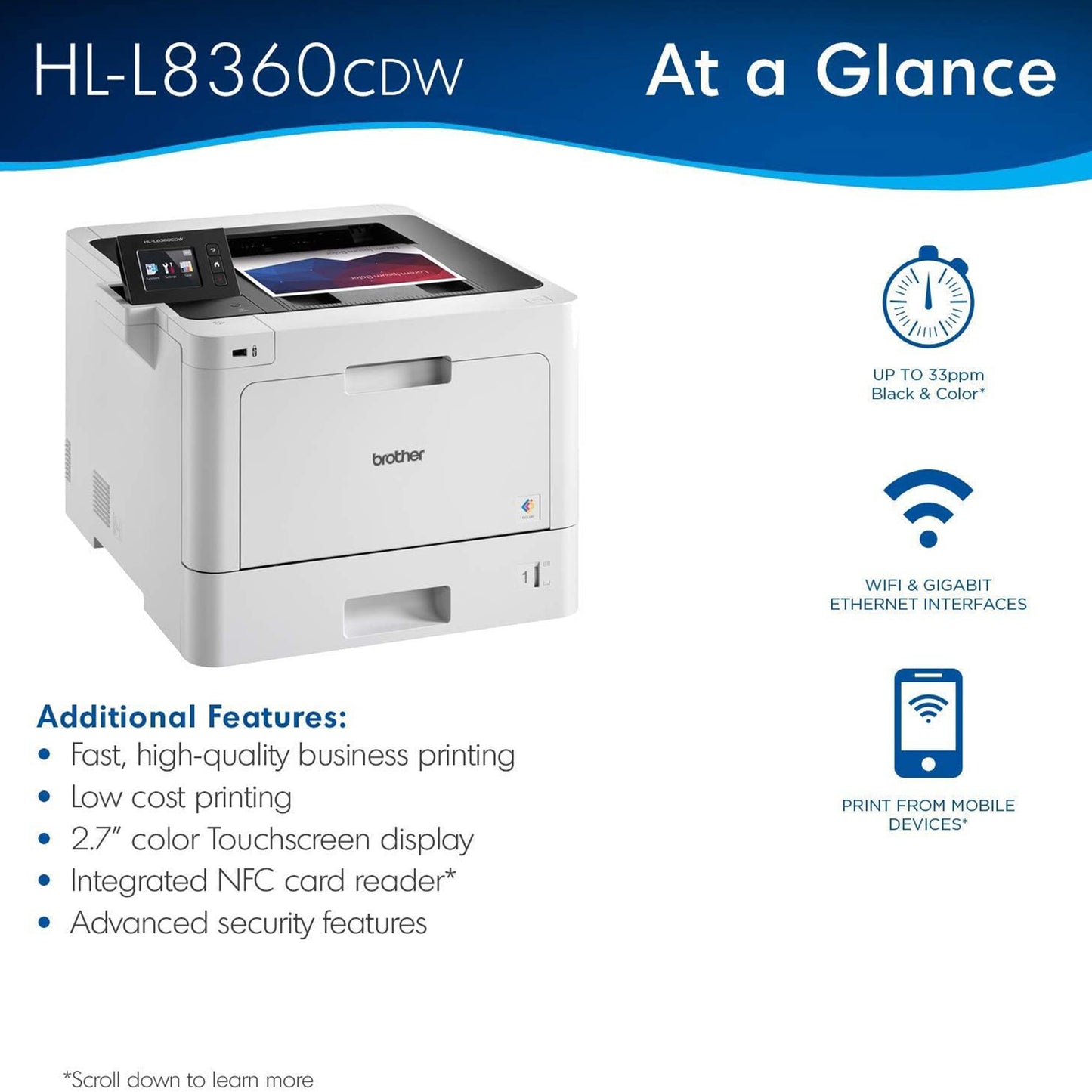 طابعة ليزر ملونة من براذر بيزنس، HL-L8360CDW، شبكة لاسلكية، طباعة تلقائية على الوجهين، طباعة متنقلة، طباعة سحابية، أبيض