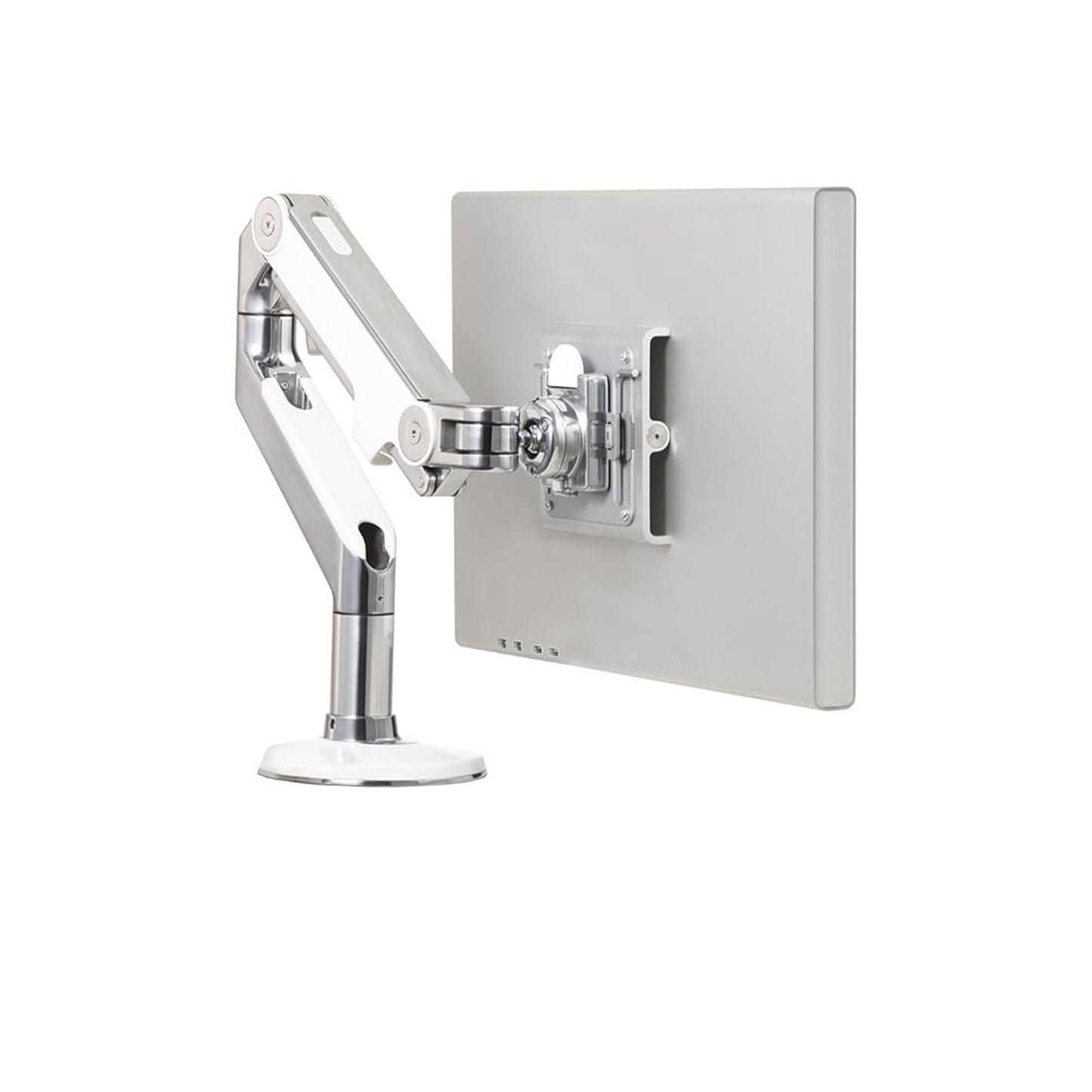 Humanscale M8 Adjustable Articulating Monitor Arm - Bolt Through Mount with Base - Polished Aluminum with White Trim